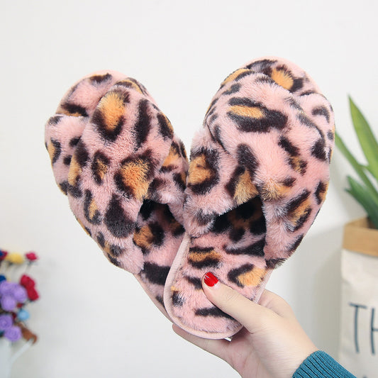 Cozy Cross-Strap Leopard Plush Slippers for Women