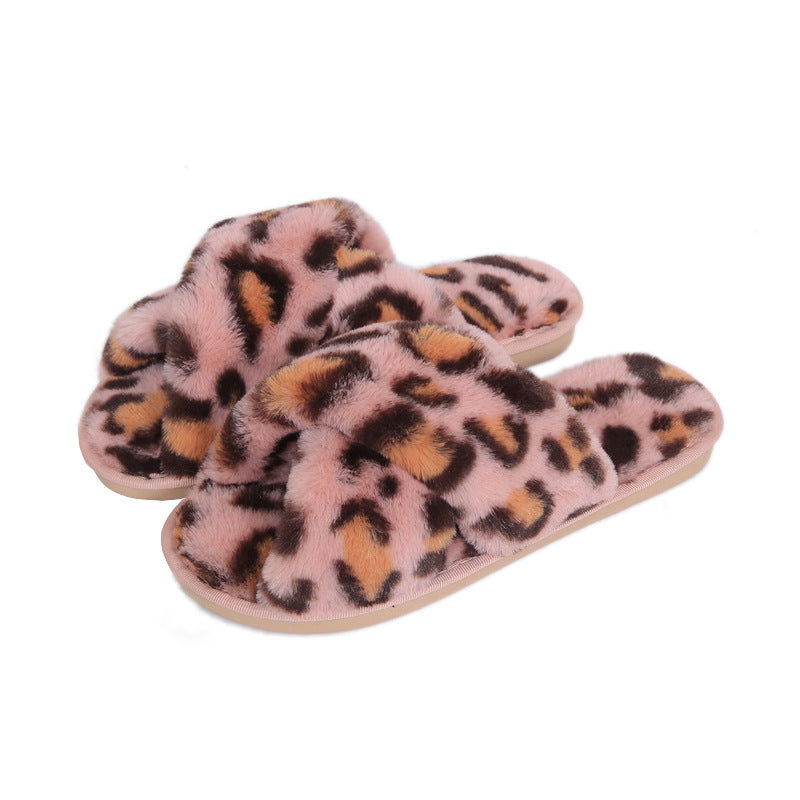 Cozy Cross-Strap Leopard Plush Slippers for Women