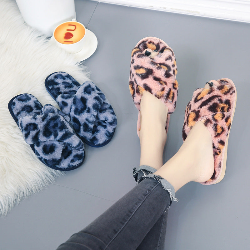 Cozy Cross-Strap Leopard Plush Slippers for Women