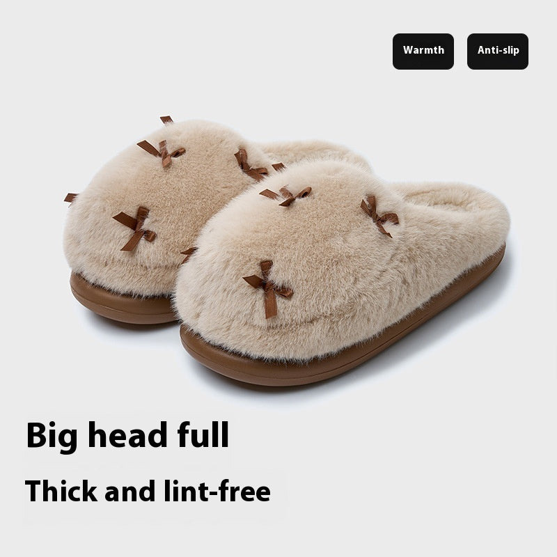 Women's Cute Plush Home Slippers Butterfly Knot Cotton Slippers Comfortable Thick Bottom Outdoor Slippers Winter Indoor Soft Warm Slippers