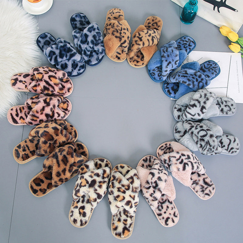 Cozy Cross-Strap Leopard Plush Slippers for Women