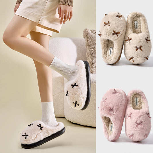 Women's Cute Plush Home Slippers Butterfly Knot Cotton Slippers Comfortable Thick Bottom Outdoor Slippers Winter Indoor Soft Warm Slippers