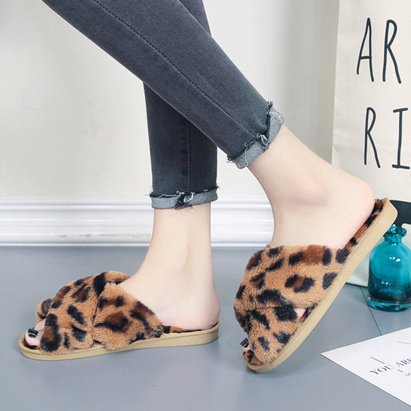 Cozy Cross-Strap Leopard Plush Slippers for Women