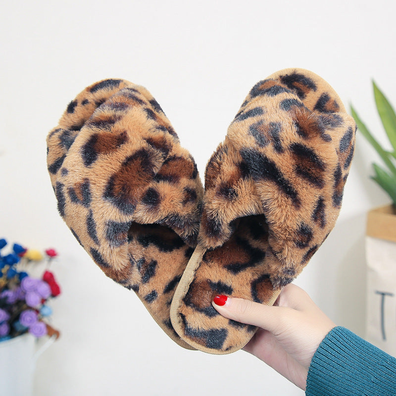 Cozy Cross-Strap Leopard Plush Slippers for Women