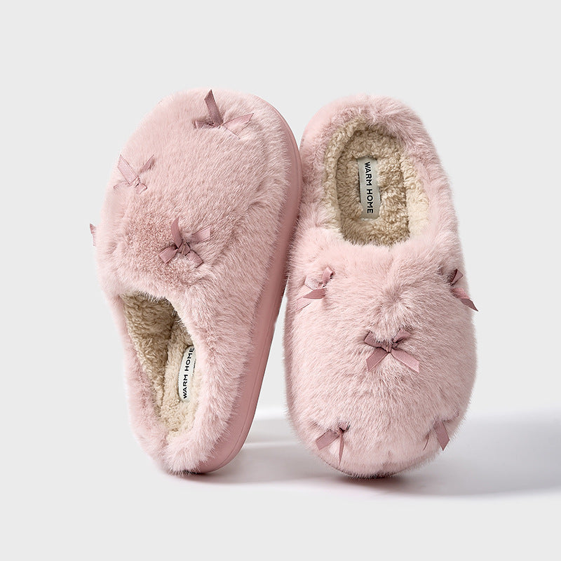 Women's Cute Plush Home Slippers Butterfly Knot Cotton Slippers Comfortable Thick Bottom Outdoor Slippers Winter Indoor Soft Warm Slippers