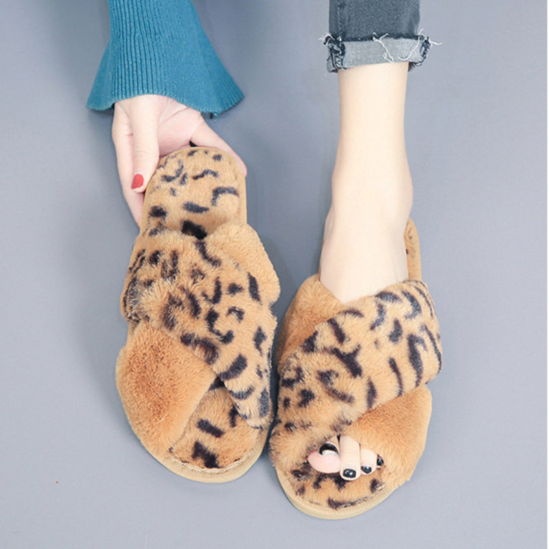 Cozy Cross-Strap Leopard Plush Slippers for Women