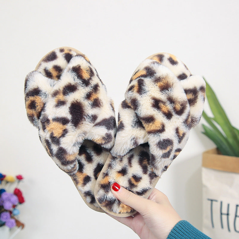 Cozy Cross-Strap Leopard Plush Slippers for Women