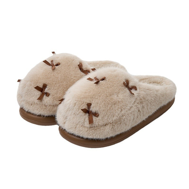 Women's Cute Plush Home Slippers Butterfly Knot Cotton Slippers Comfortable Thick Bottom Outdoor Slippers Winter Indoor Soft Warm Slippers